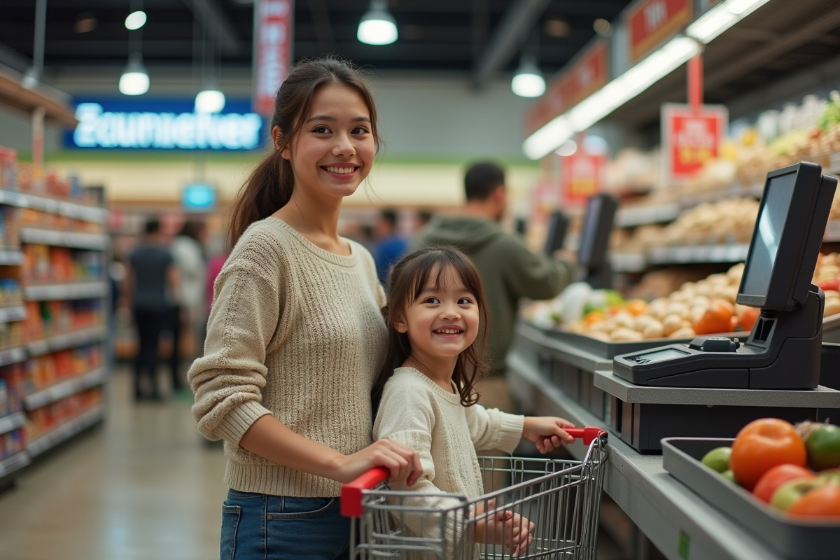 Maman et fille faisant leurs courses au supermarche