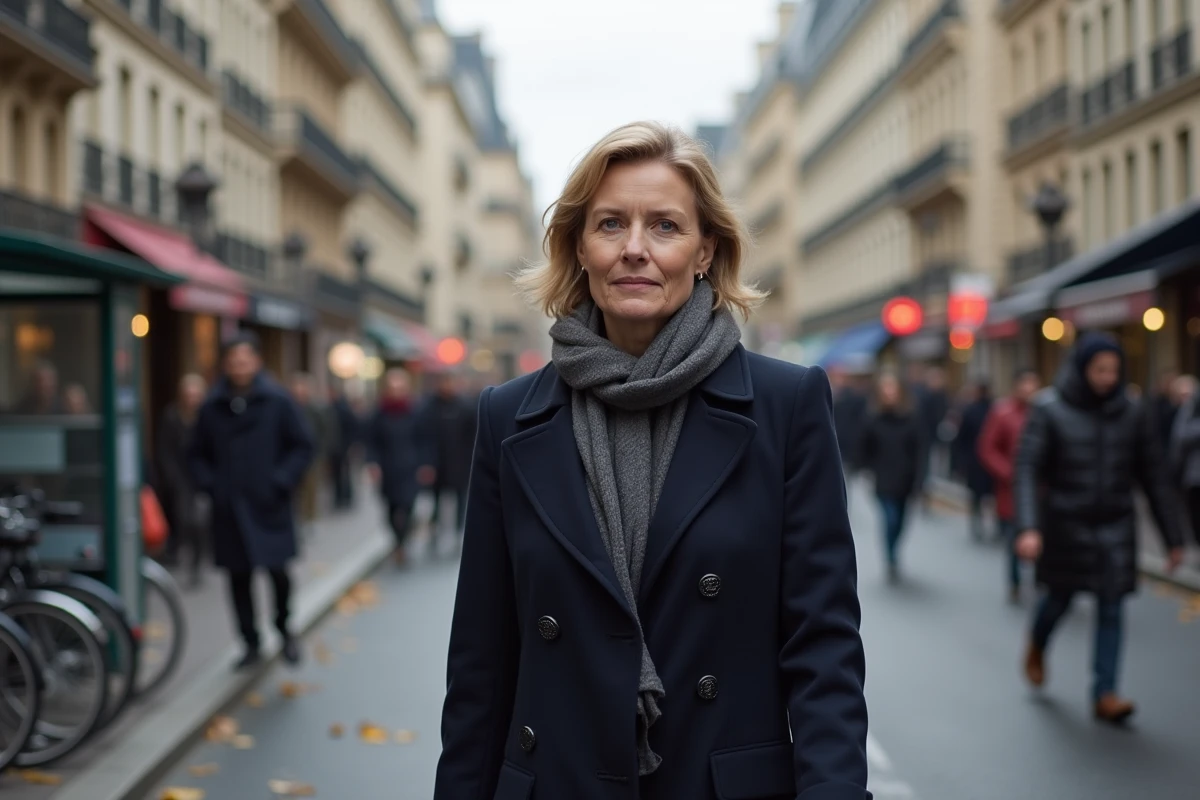 Femme marchant dans une rue parisienne avec bâtiments haussmanniens