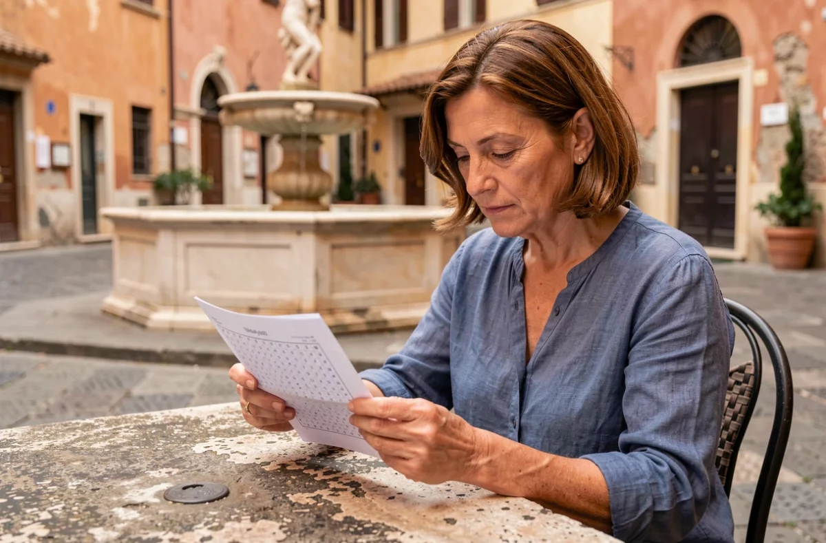 Femme italienne résolvant des mots croisés sur une place historique de Toscane