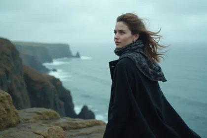 Femme mystérieuse regardant la mer depuis une falaise