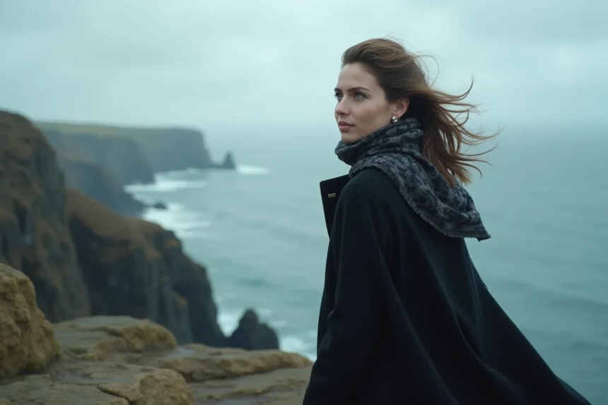 Femme mystérieuse regardant la mer depuis une falaise