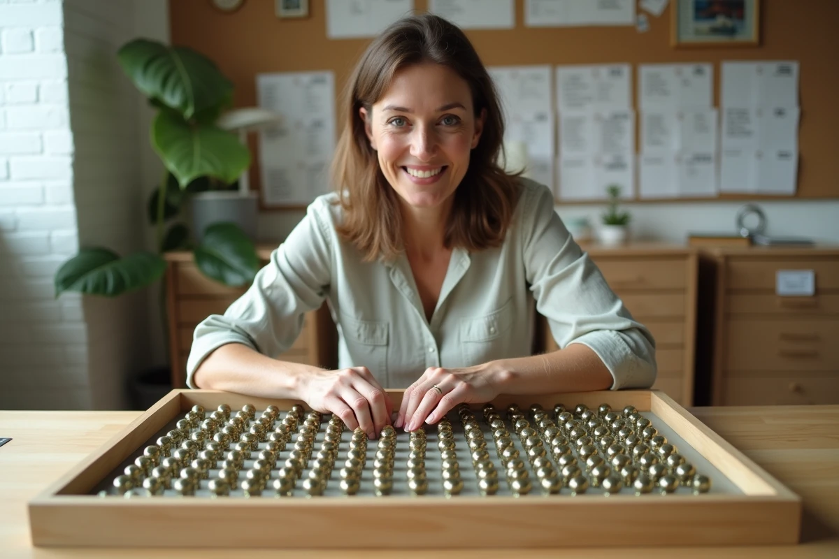Femme adulte organisant méticuleusement des capsules de champagne vintage et modernes dans un cadre vitrine sur un bureau en bois clair
