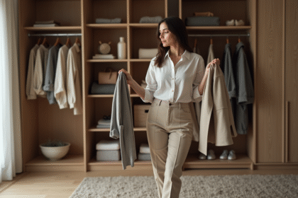 Femme stylée choisissant des vêtements dans un dressing organisé