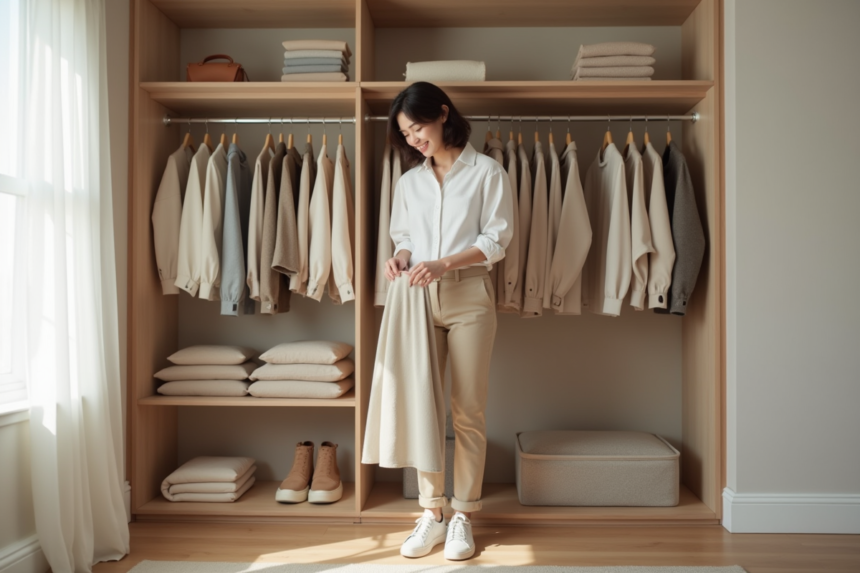 Femme en capsule wardrobe dans une chambre lumineuse