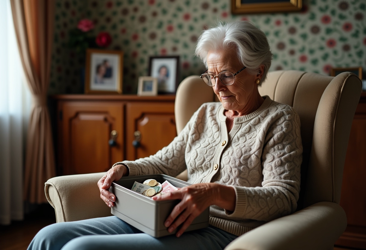 Femme âgée ouvrant une boîte à biscuits avec des euros