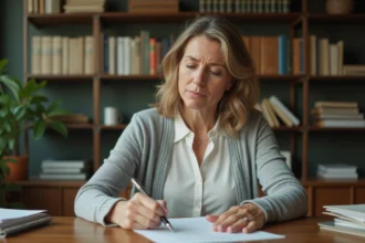 Femme perplexe relisant une lettre manuscrite avec dictionnaire de grammaire française sur un bureau en bois