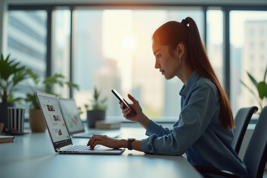 Jeune femme professionnelle utilisant un smartphone au bureau