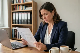 Femme consultant un document juridique sur la protection des données personnelles dans un bureau à domicile