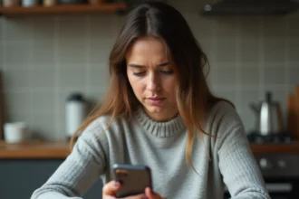 Femme hésitant à rappeler un numéro inconnu avec l'indicatif +212 sur son smartphone dans une cuisine moderne