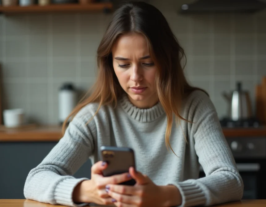 Femme hésitant à rappeler un numéro inconnu avec l'indicatif +212 sur son smartphone dans une cuisine moderne