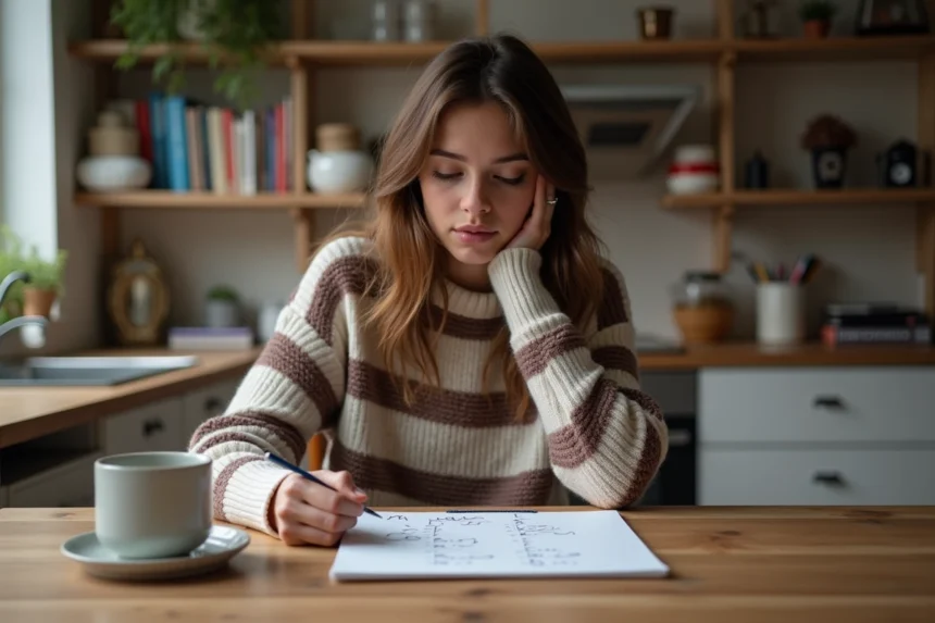 Jeune femme en sweater réfléchissant à un jeu de hangman