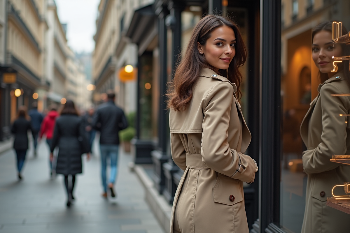 Jeune femme élégante vérifiant son reflet dans une vitrine urbaine