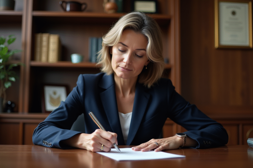 Femme d'âge moyen signant une lettre dans un bureau élégant