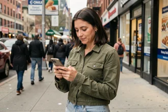 Femme consultant son smartphone dans une rue commerçante pour trouver un magasin ouvert près de chez elle