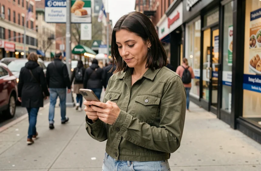 Femme consultant son smartphone dans une rue commerçante pour trouver un magasin ouvert près de chez elle