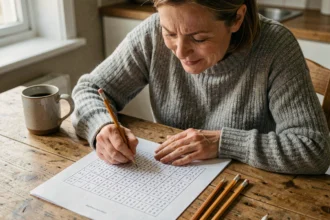 Femme concentrée résolvant une grille de sudoku imprimée à la maison, ambiance cosy et chaleureuse