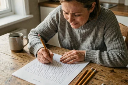 Femme concentrée résolvant une grille de sudoku imprimée à la maison, ambiance cosy et chaleureuse