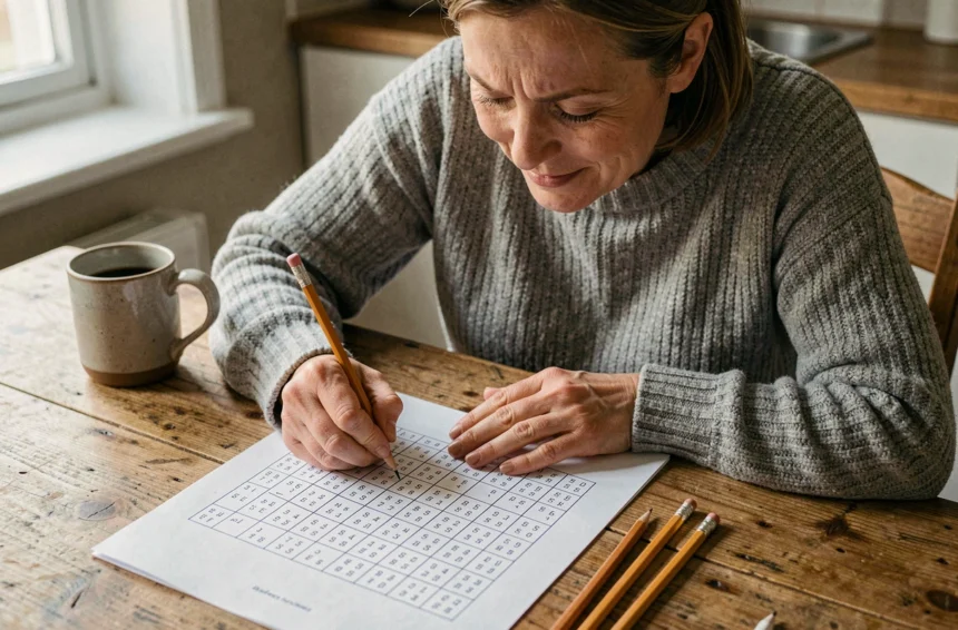 Femme concentrée résolvant une grille de sudoku imprimée à la maison, ambiance cosy et chaleureuse
