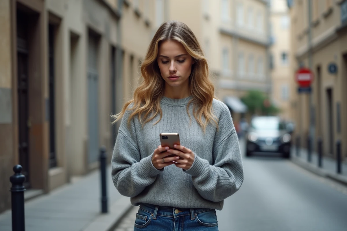 Jeune femme dans la rue regarde son téléphone