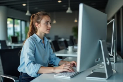 Jeune femme concentrée utilisant un écran tactile au bureau