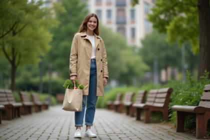 Femme en trench beige tenant un sac de légumes frais