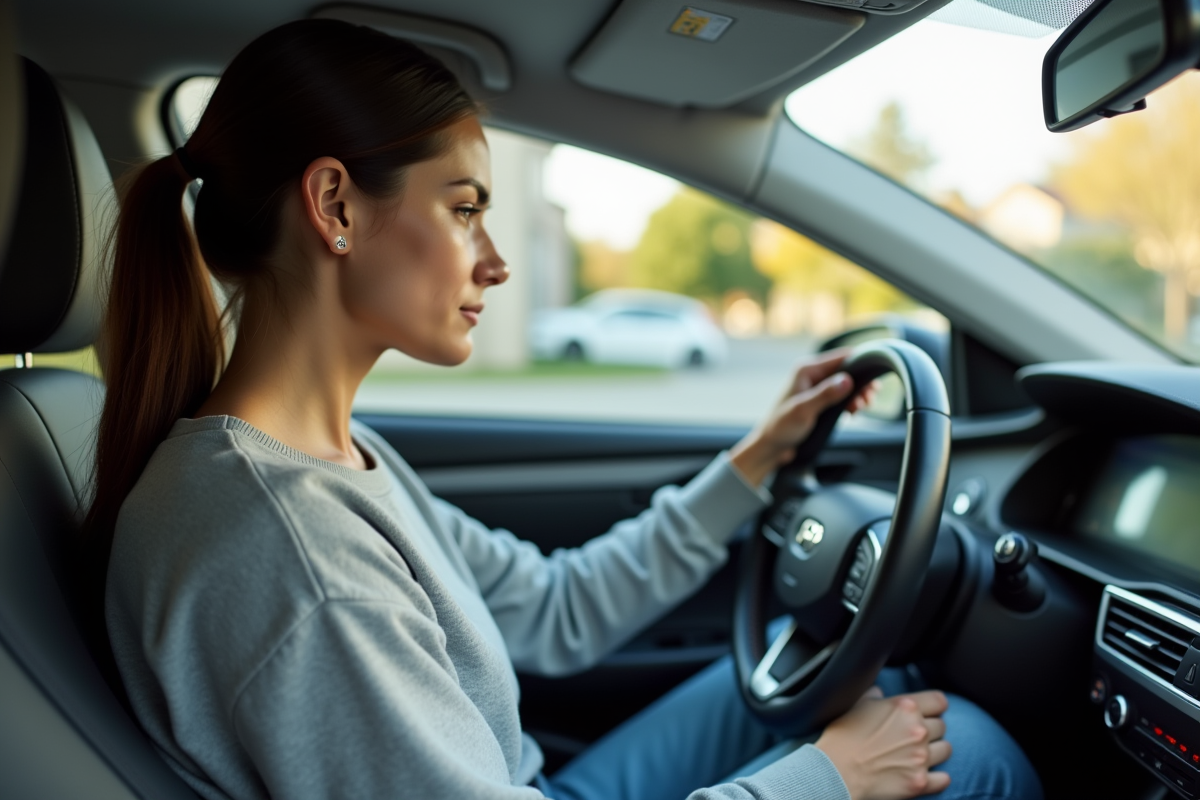 Jeune femme vérifiant le tableau de bord dans une voiture hybride