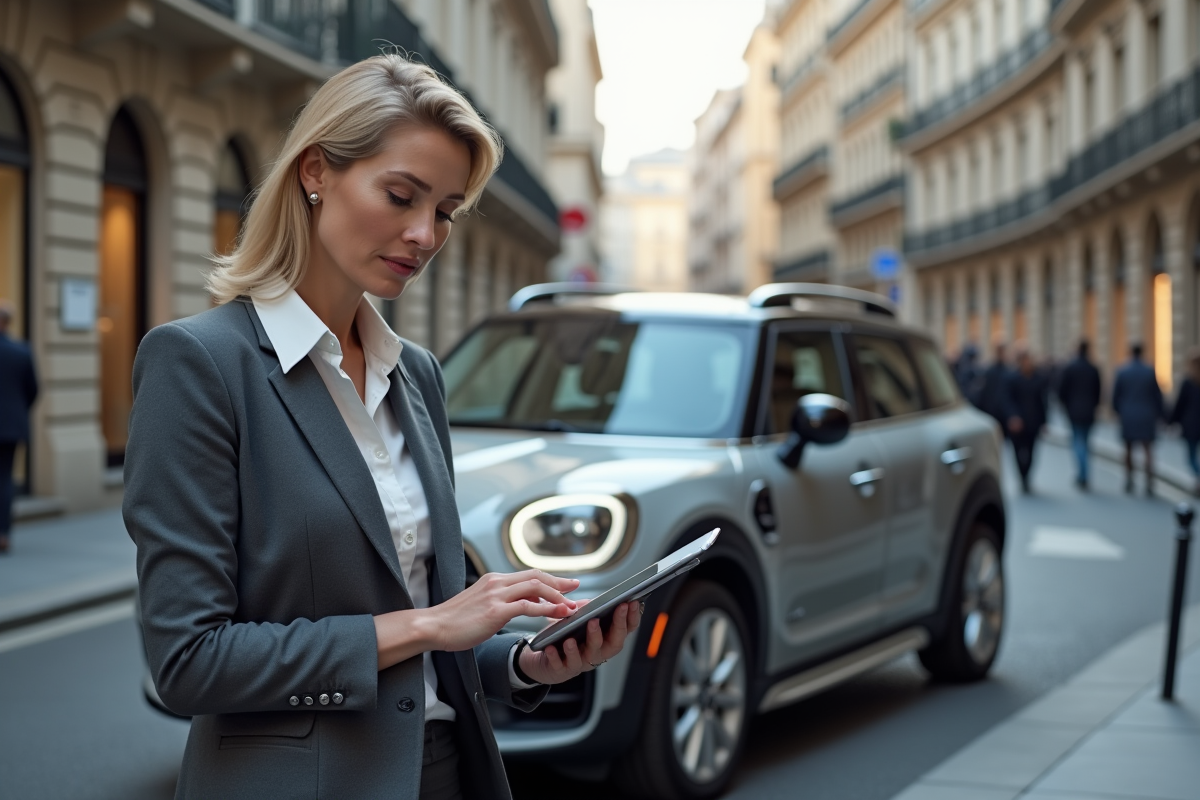 Femme d affaires regardant sa tablette près d un SUV en ville
