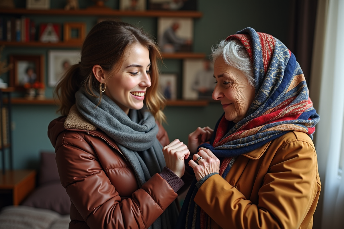 Jeune femme aidant sa grand-mere à nouer un foulard