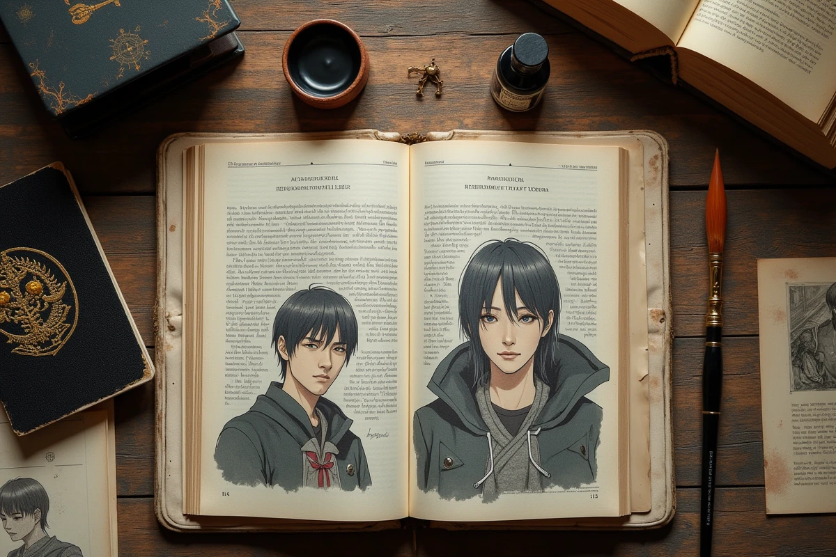 Flat lay d'un bureau avec un manhwa ouvert, des croquis de personnages et des accessoires évoquant l'univers de Le Villain aux Yeux de Renard