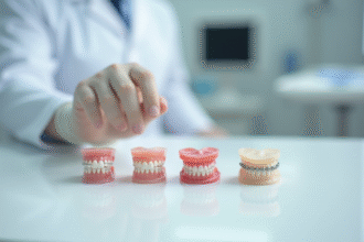 Main de dentiste tenant trois types d'appareils dentaires