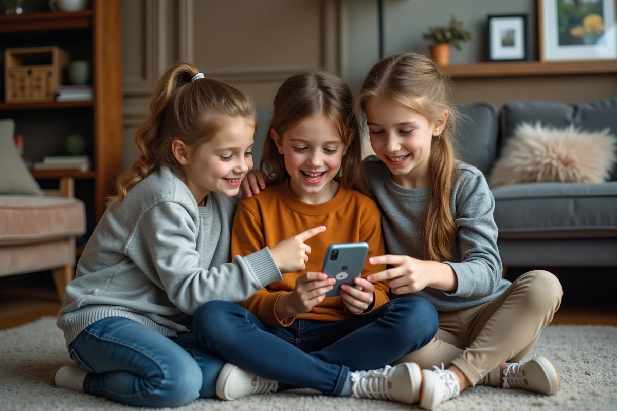 Trois frères et sœurs jouent à un jeu de mots sur un smartphone dans le salon