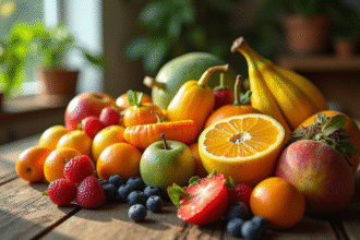 Assortiment de fruits rares et exotiques débutant par Y sur une table en bois