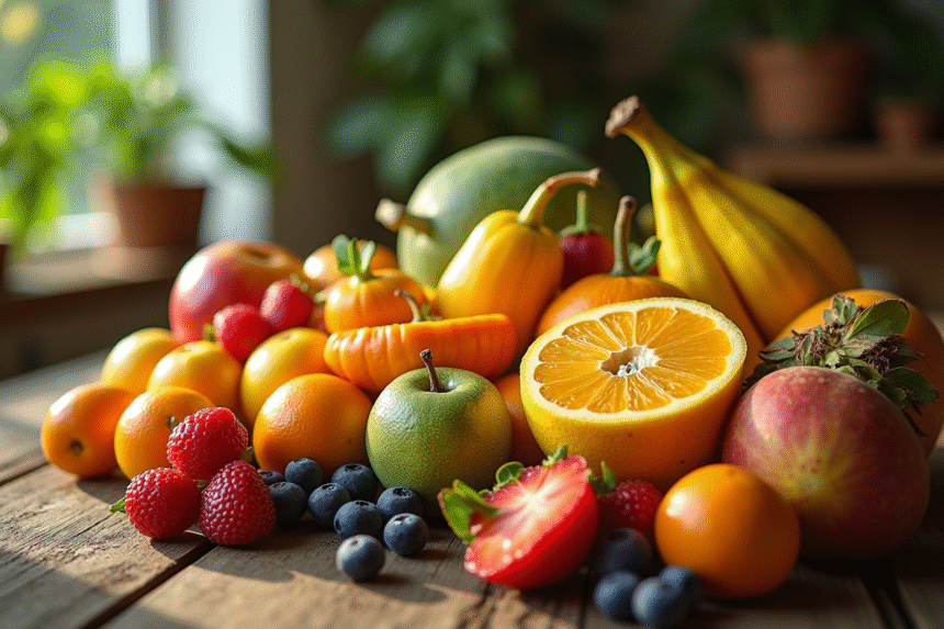 Assortiment de fruits rares et exotiques débutant par Y sur une table en bois