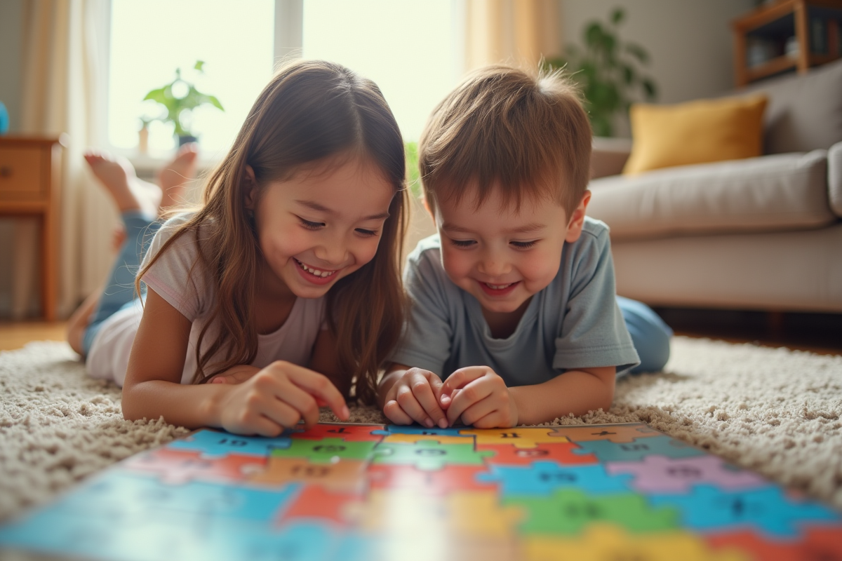 Garçon et fille jouent à un jeu éducatif mathématique