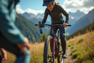 Personne gonflant la chambre d'un VTT en montagne
