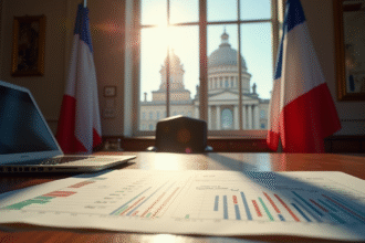 Bâtiment gouvernemental français avec drapeau et graphiques financiers