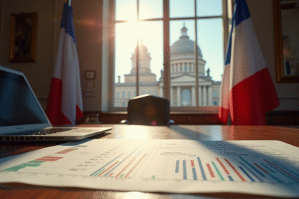 Bâtiment gouvernemental français avec drapeau et graphiques financiers