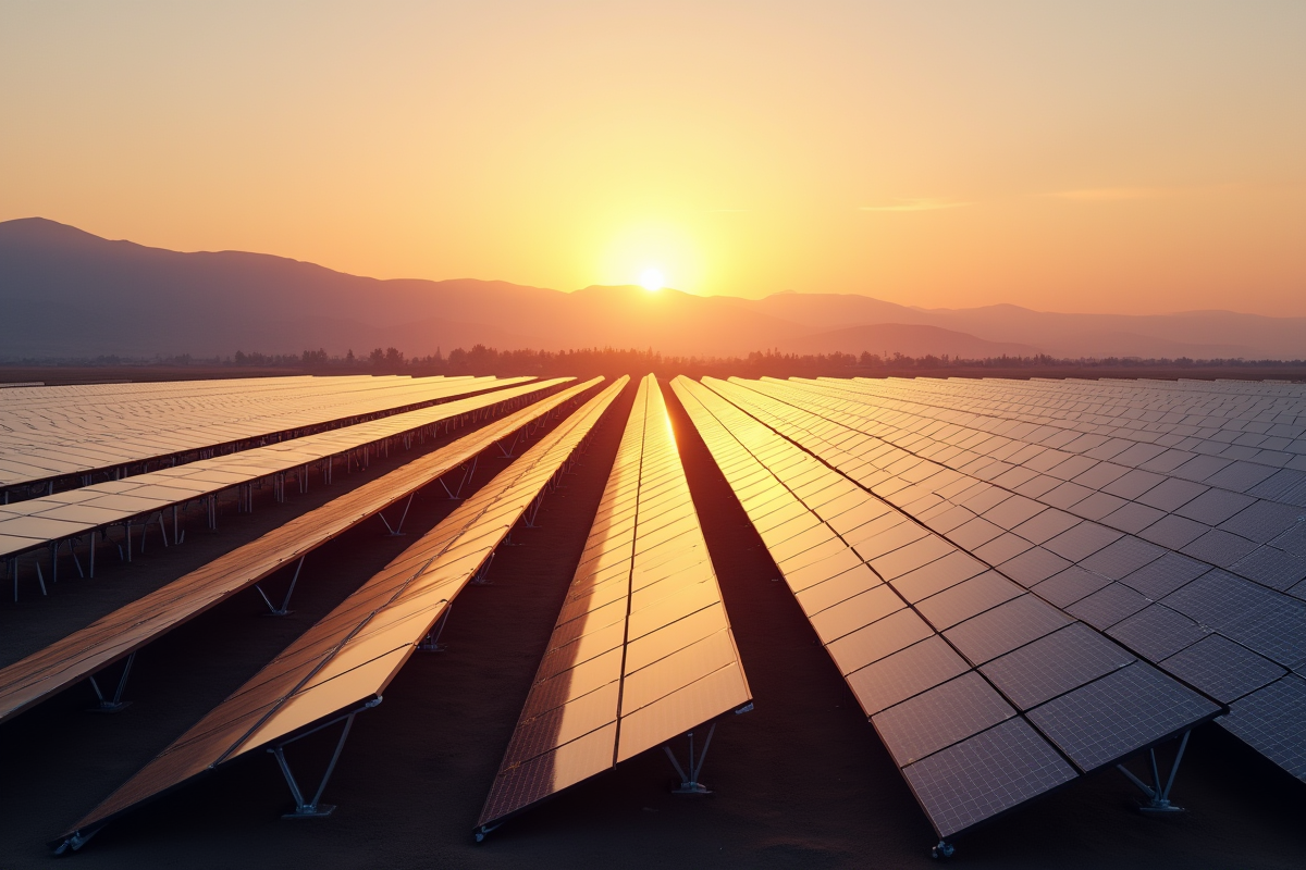 Grande ferme solaire avec rangées de panneaux au lever du soleil