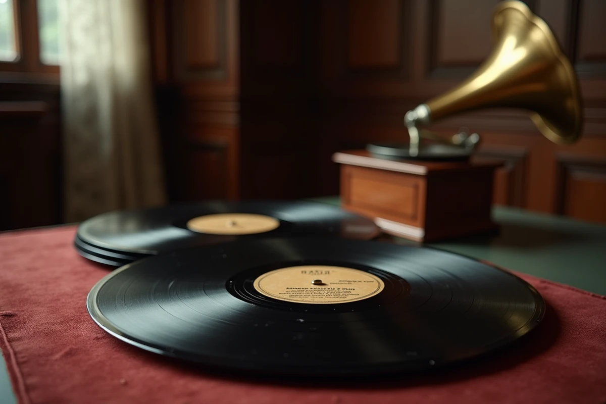 Gros plan sur trois disques 78 tours en shellac des années 1930 aux étiquettes vintage de jazz français, posés sur du velours avec un gramophone ancien en arrière-plan flou