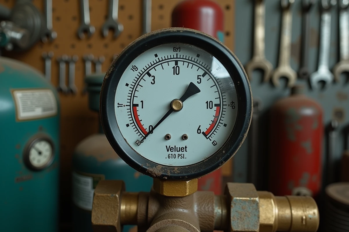 Gros plan d'un manomètre analogique indiquant 69 PSI avec conversion en bar visible sur un compresseur industriel