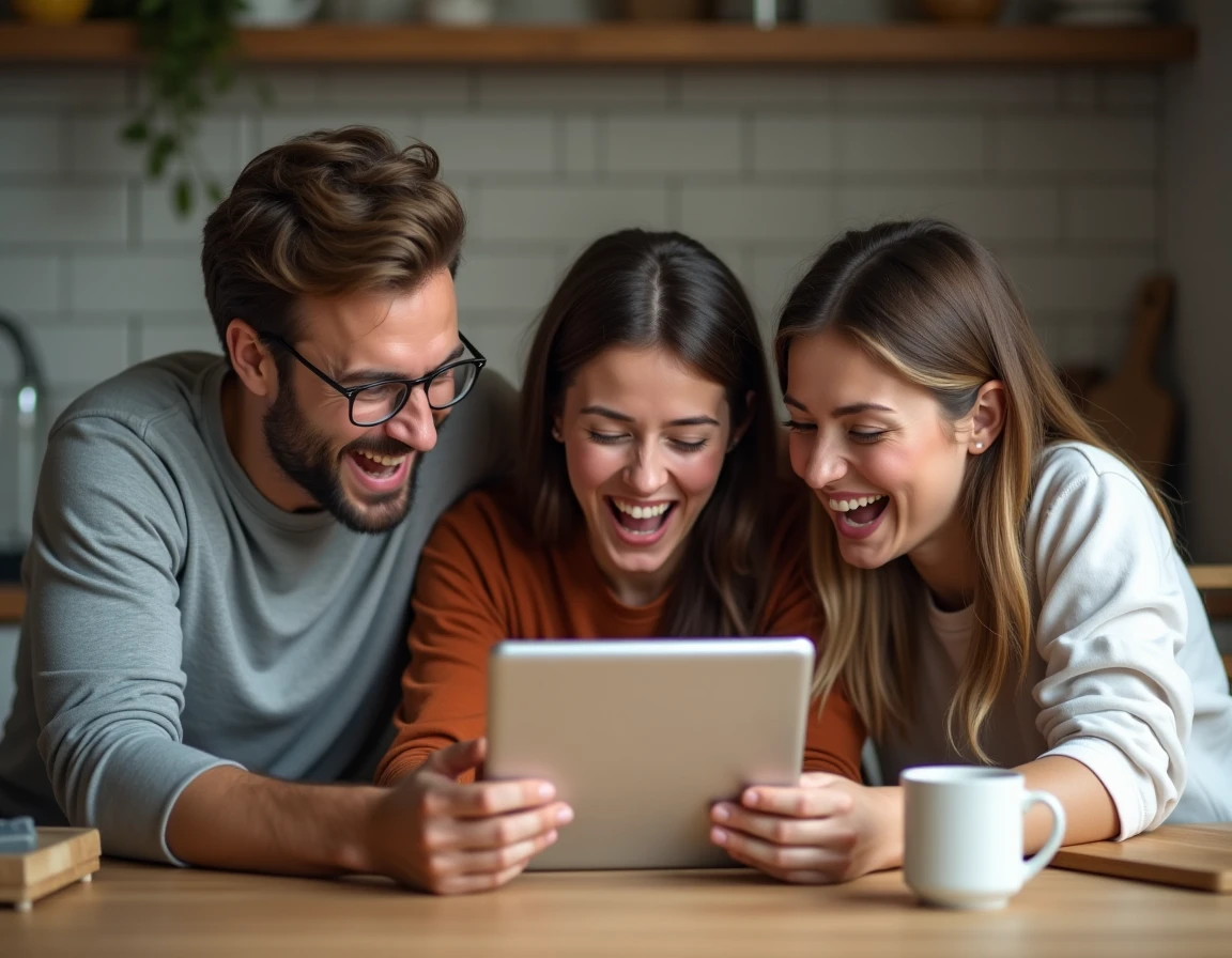 Groupe d'amis réagissant avec joie à une cybercarte d'anniversaire animée sur une tablette dans une cuisine