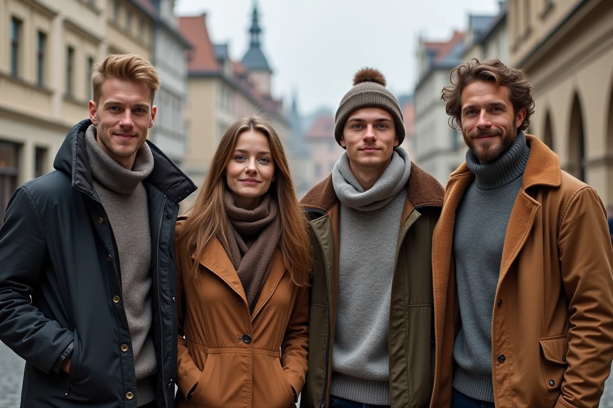 Groupe de personnes adultes aux couleurs d'yeux variées dans une place urbaine européenne, illustrant la diversité des couleurs d'yeux en Europe
