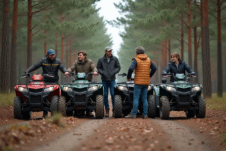Groupe d'adultes autour de quads en forêt lors d'une sortie aventure
