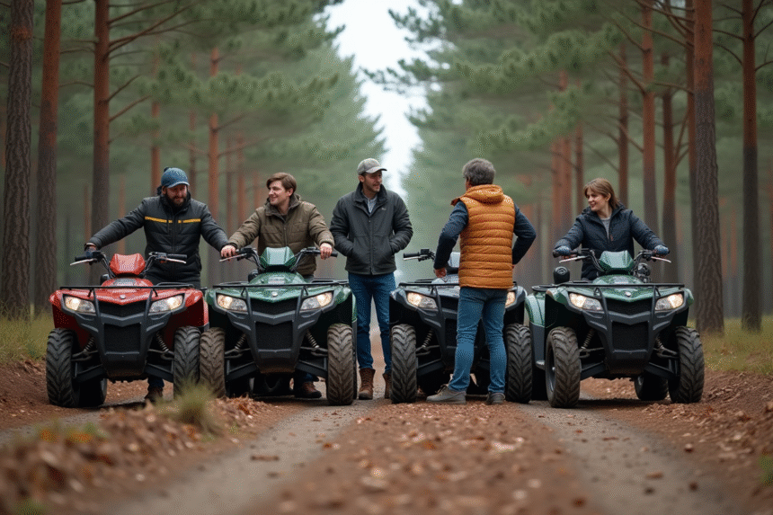 Groupe d'adultes autour de quads en forêt lors d'une sortie aventure