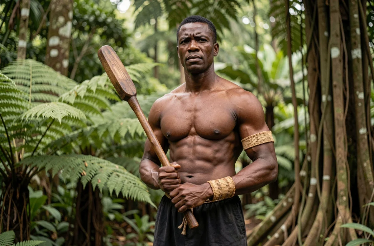 Guerrier kanak tenant un casse-tête traditionnel en lisière de forêt tropicale, symbolisant la résistance et la stratégie militaire de Patchili