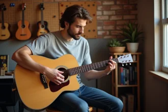 Guitariste acoustique travaillant l'enchaînement des accords de Je Te Promets dans un studio home recording