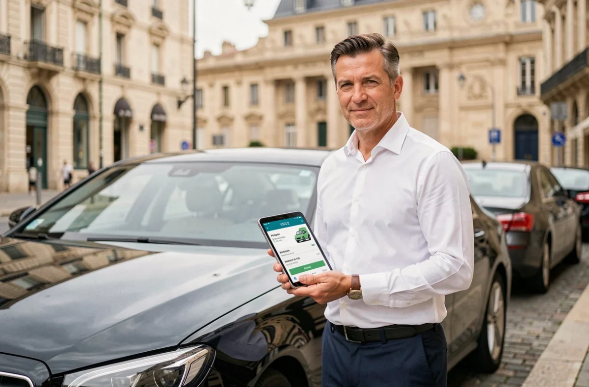 Chauffeur VTC à Montpellier tenant une tablette devant sa berline noire près de la place de la Comédie