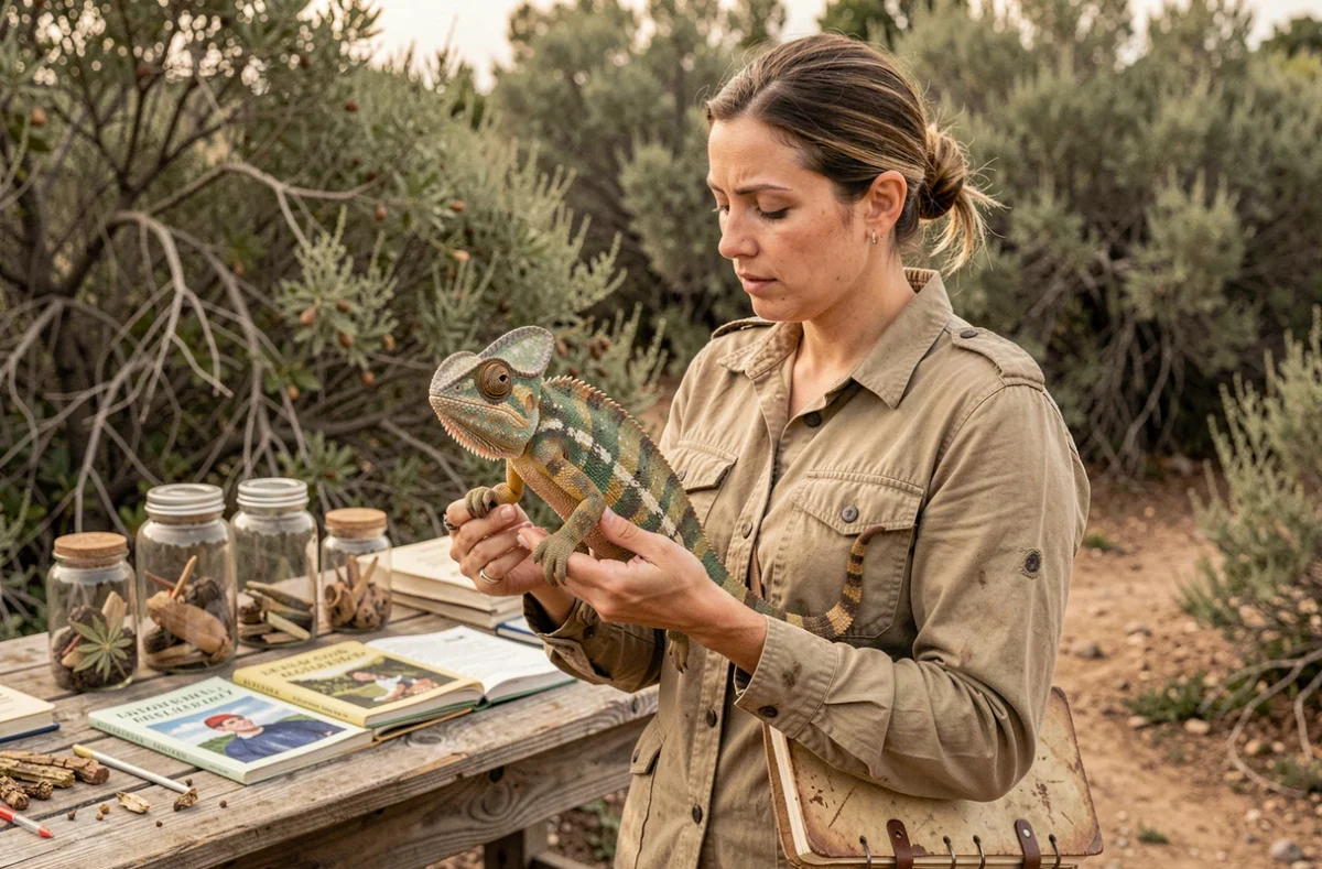 Herpétologiste tenant délicatement un caméléon voilé lors d'une session d'étude en station de terrain, entourée de guides naturalistes et d'équipement scientifique en plein air