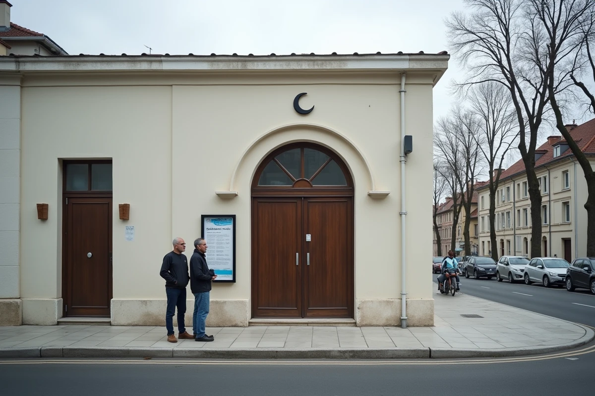 Façade d'un centre islamique en banlieue parisienne avec affichage des horaires de prière mensuels de Bondy 2026