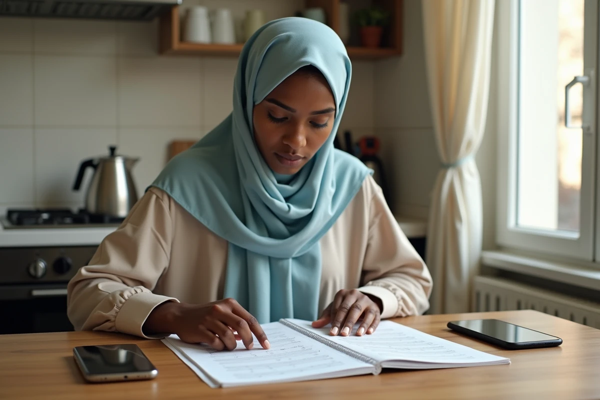 Femme musulmane consultant le calendrier des heures de prière de Bondy sur une table de cuisine avec son smartphone